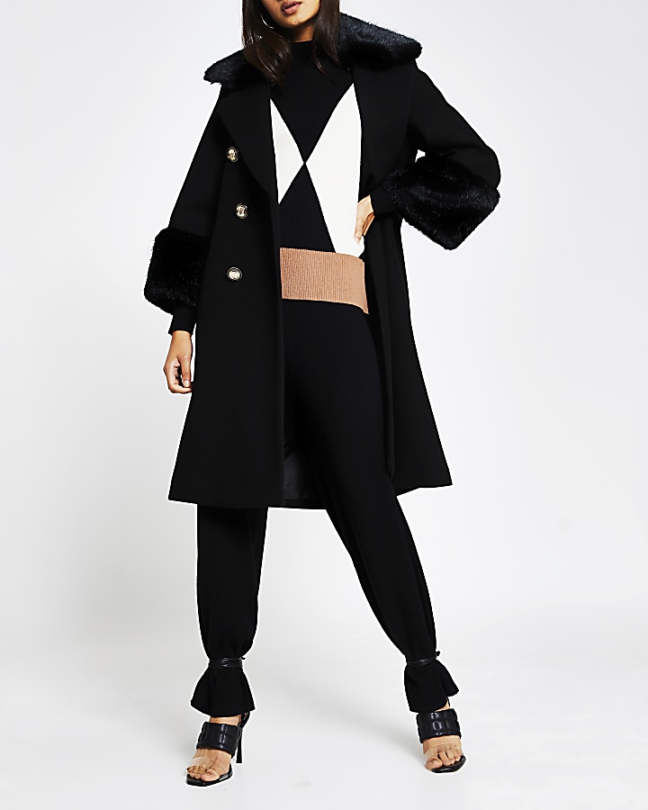 Black faux fur cuff swing coat