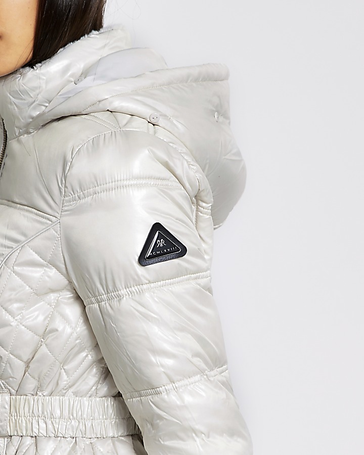 Cream quilted belted padded jacket