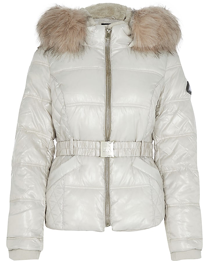 Cream quilted belted padded jacket