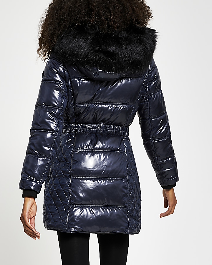 Navy faux fur padded belted coat