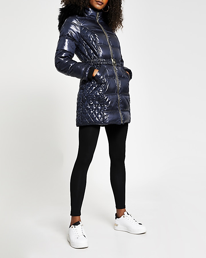 Navy faux fur padded belted coat