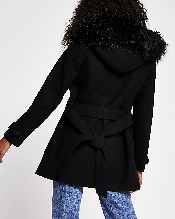 Black faux fur belted robe coat