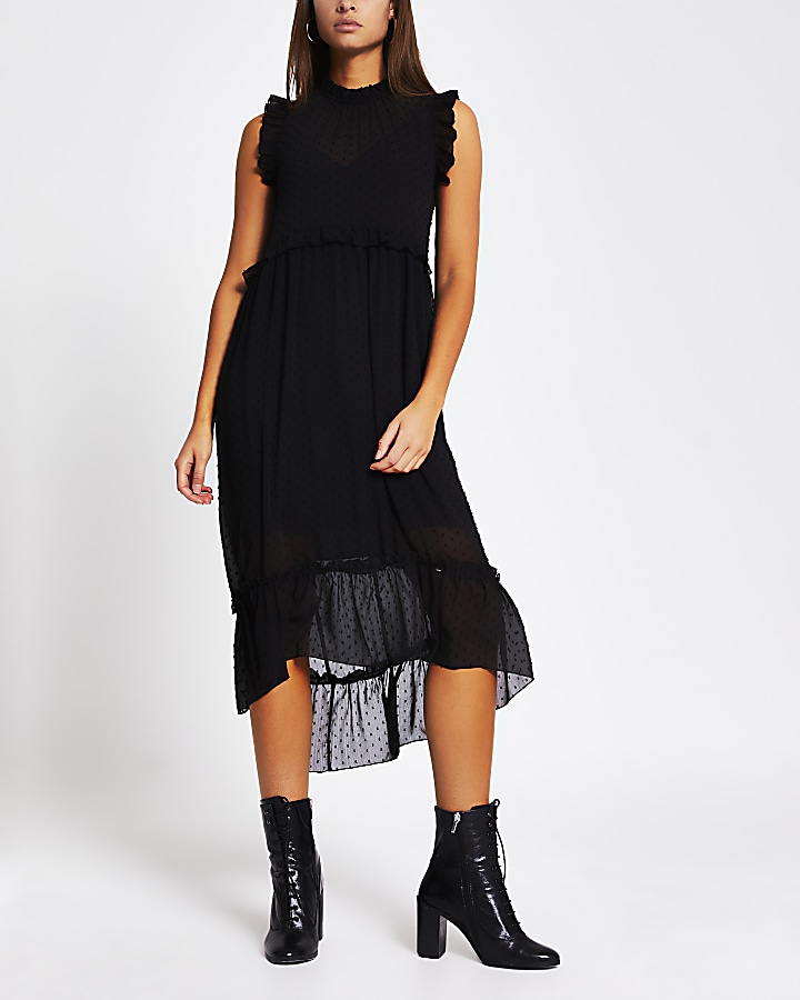 Black textured frill midi smock dress