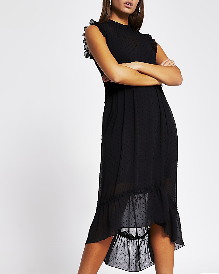 Black textured frill midi smock dress
