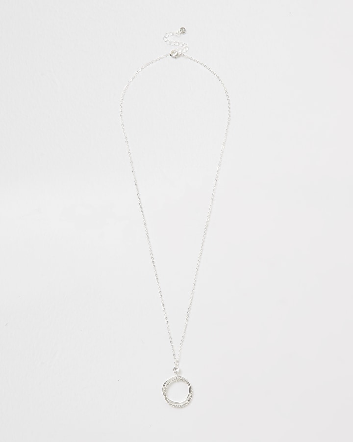 Silver tone circle diamante drop necklace