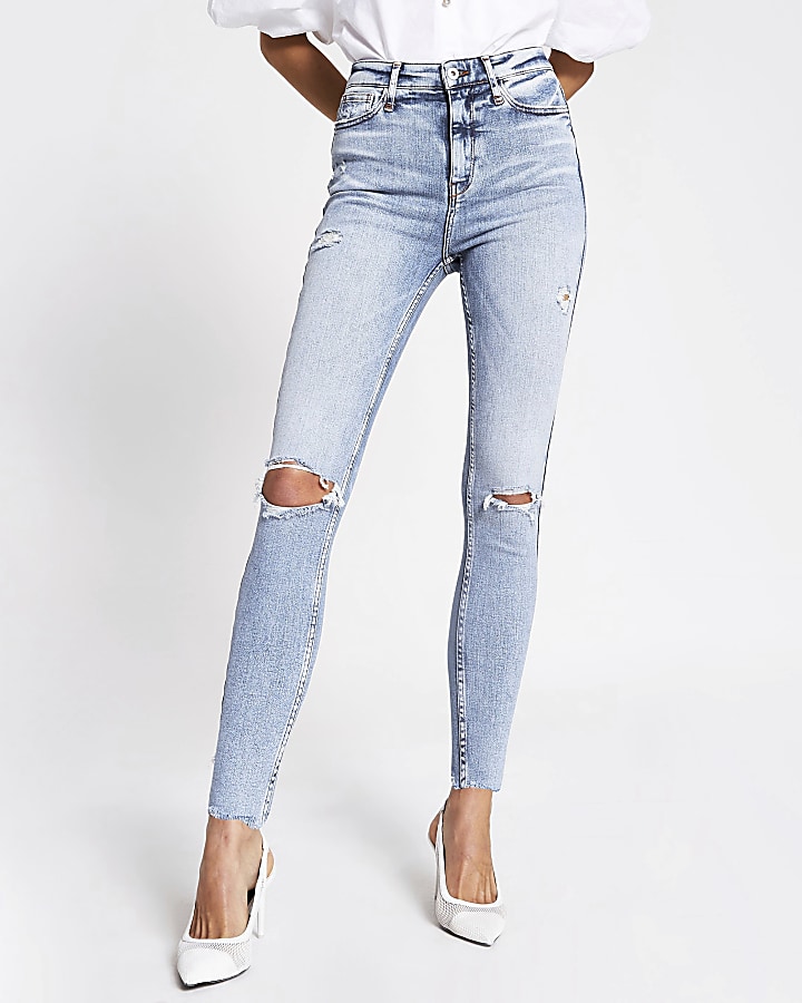 Blue ripped high rise skinny jeans