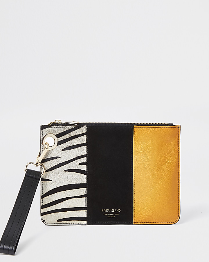 Orange leather Zebra print block clutch bag