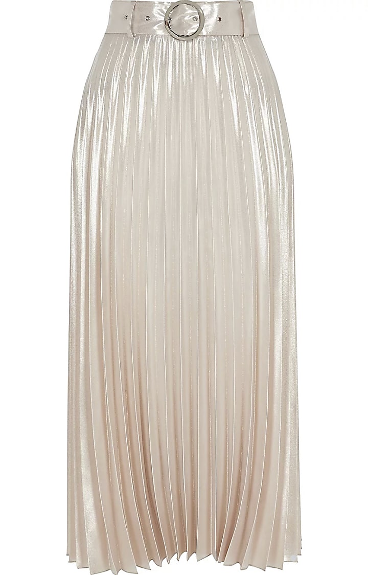 Silver belted pleated midi skirt