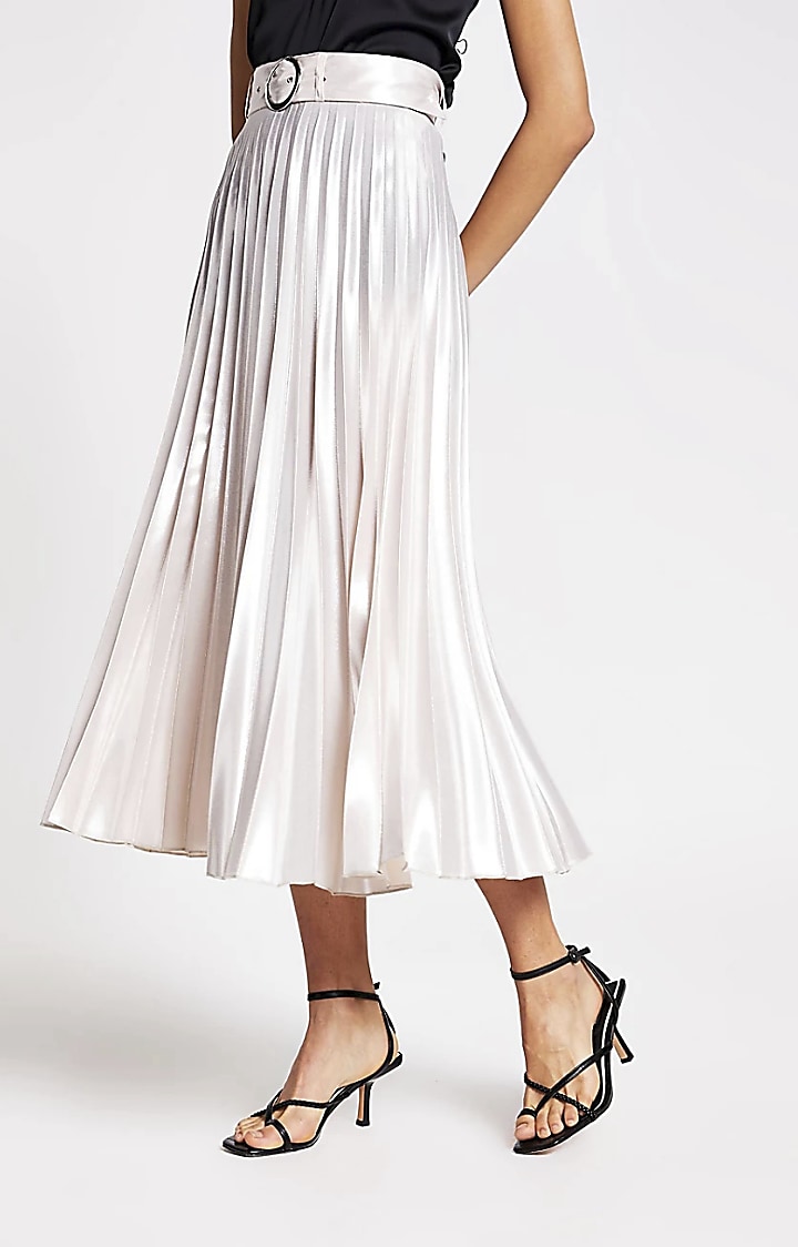 Silver belted pleated midi skirt