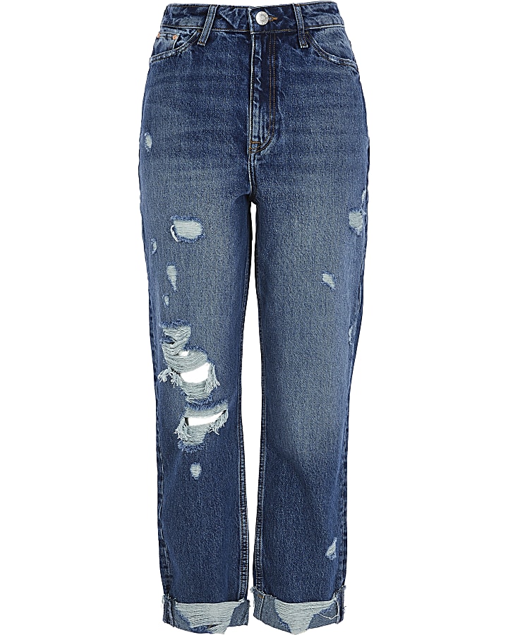 Blue Carrie high rise ripped Mom jean