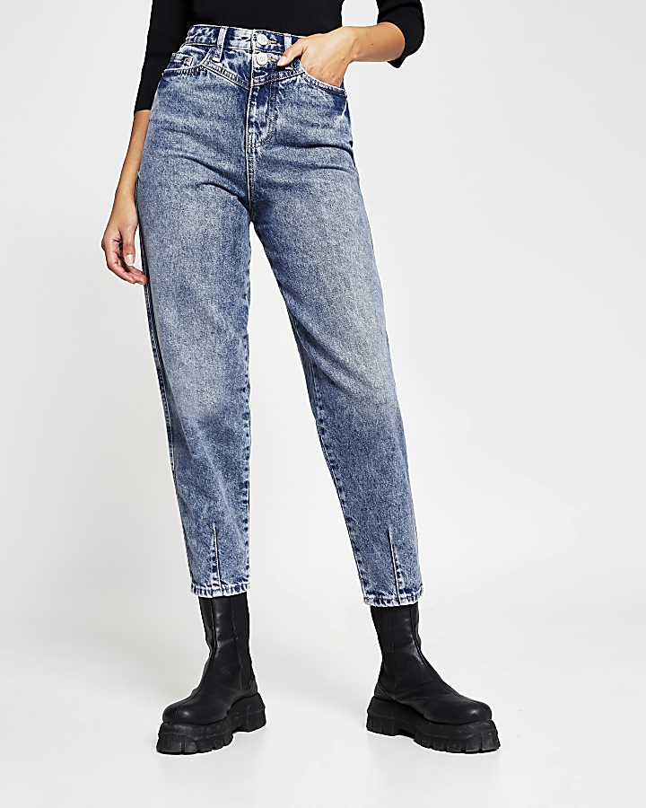 Blue denim high rise tapered jeans