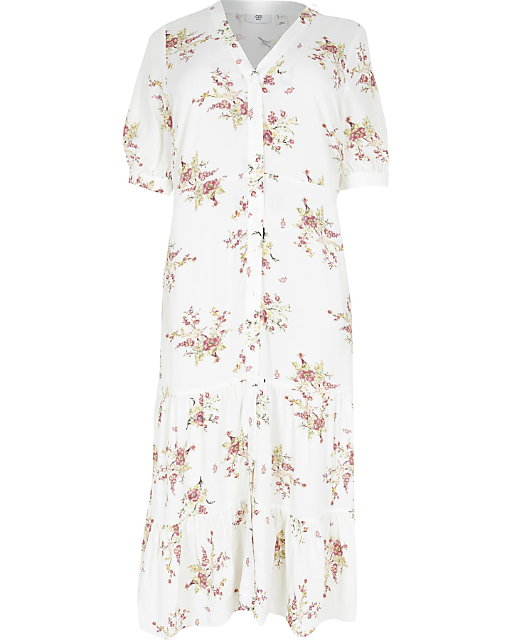 Plus cream floral short sleeve midi dress