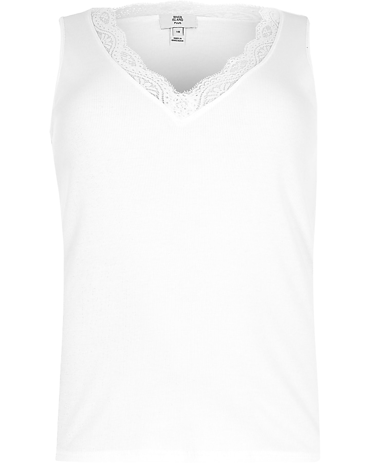 Plus white sleeveless lace trim v neck vest