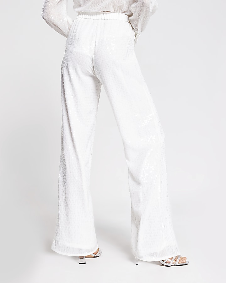 White sequin wide leg trouser