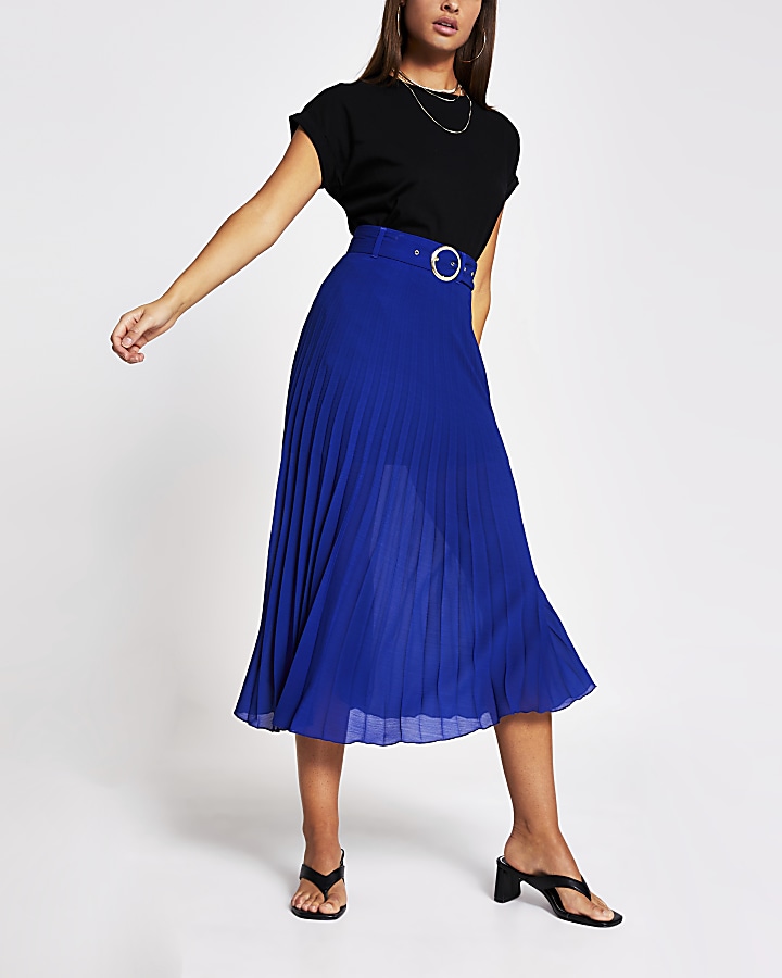 Blue belted pleated midi skirt