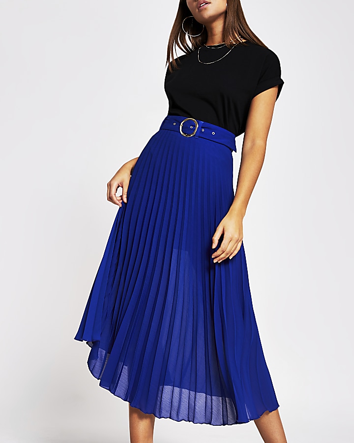 Blue belted pleated midi skirt