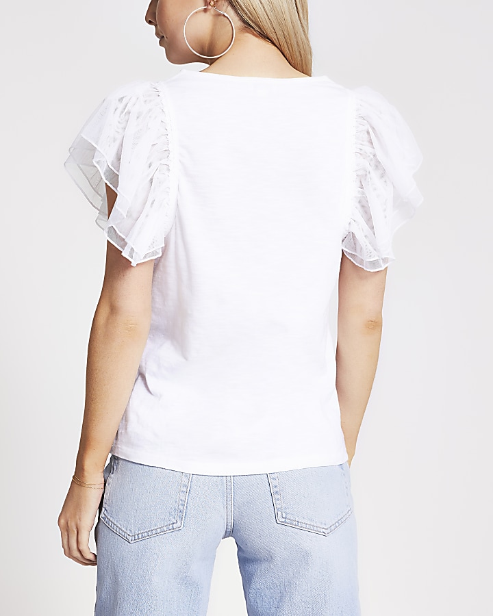 Petite white mesh frill sleeve t-shirt
