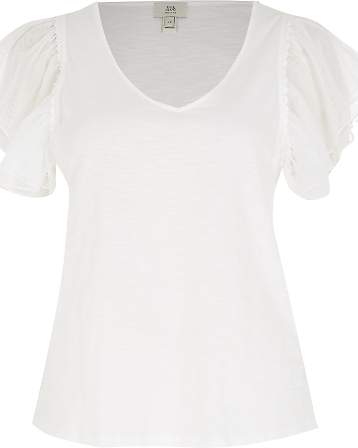 Petite white mesh frill sleeve t-shirt