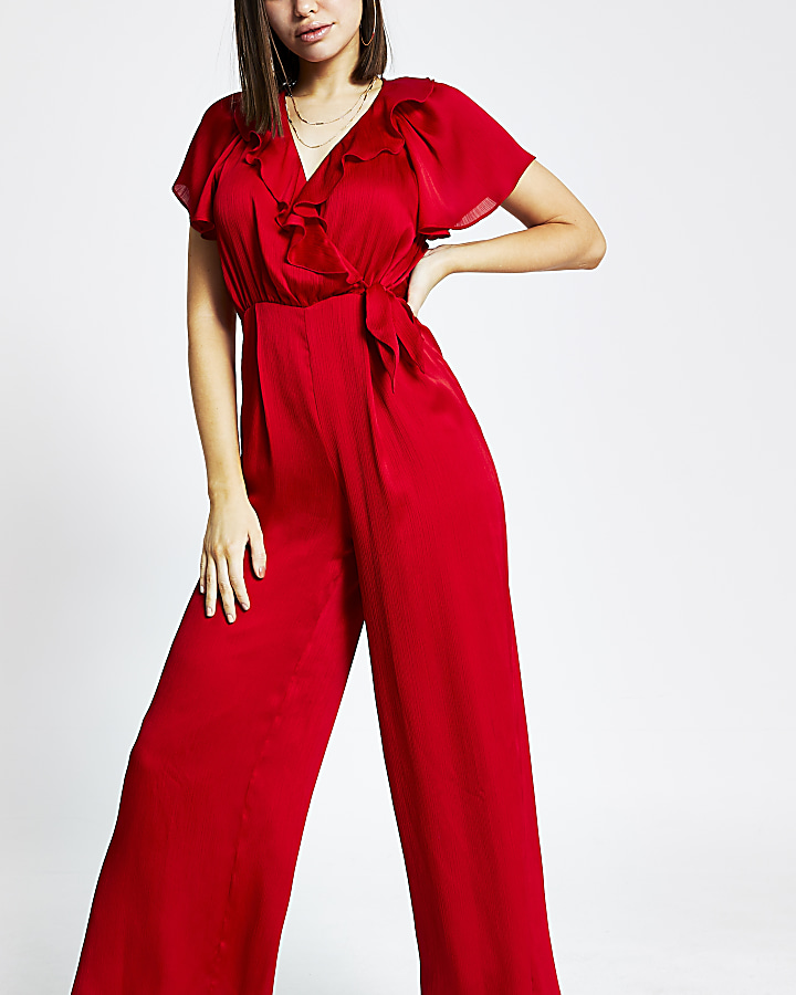 Red frill wrap front jumpsuit