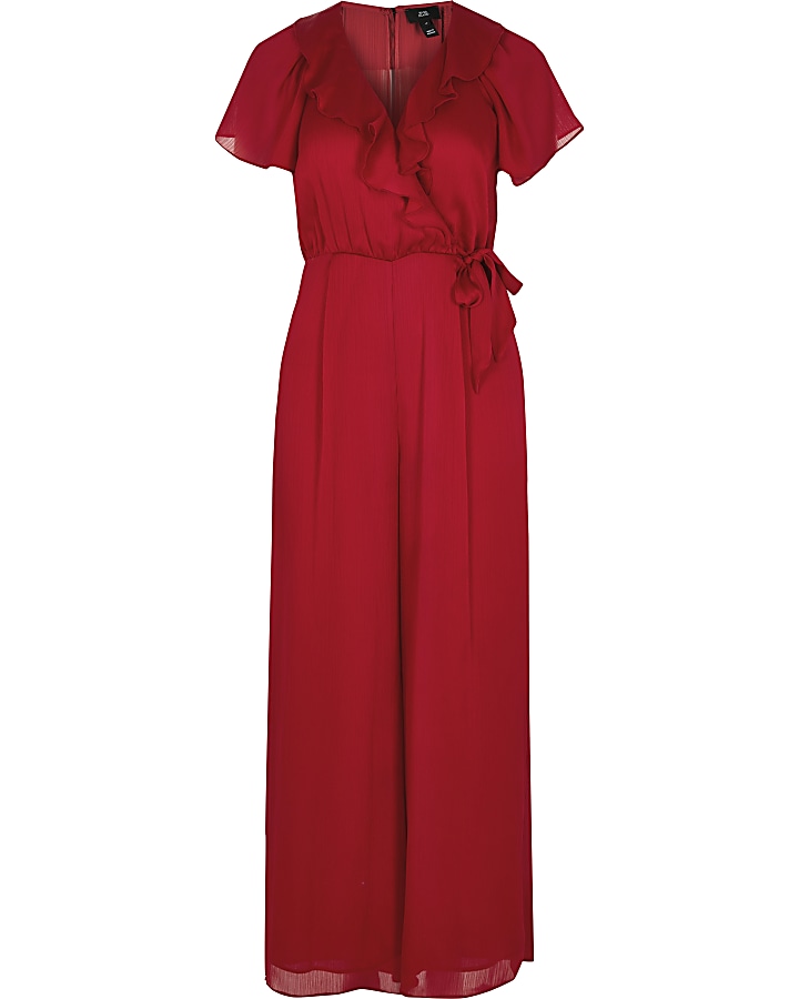 Red frill wrap front jumpsuit