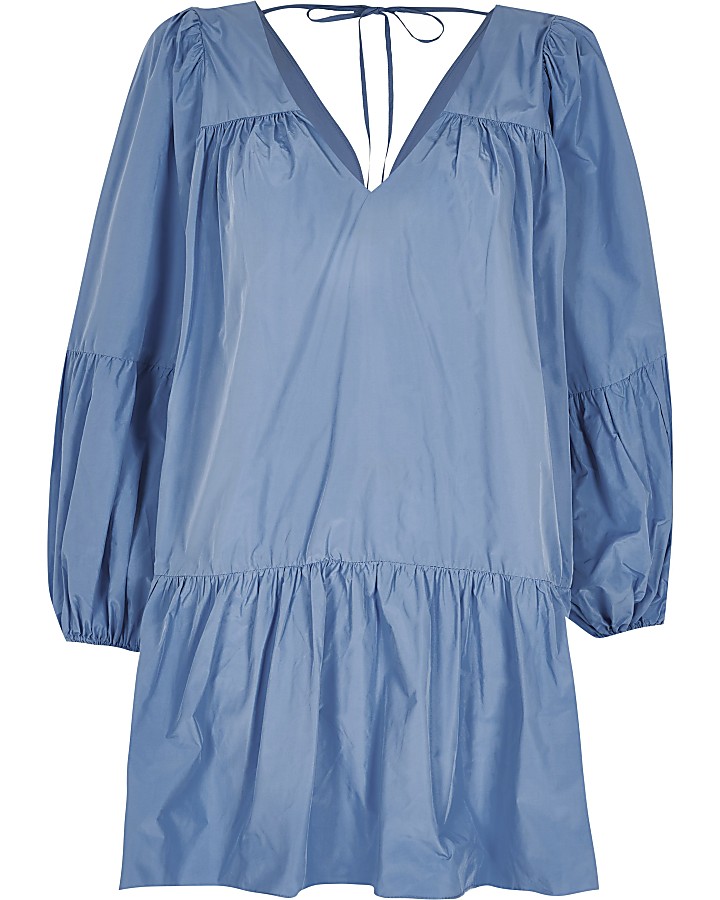 Blue long sleeve smock mini dress