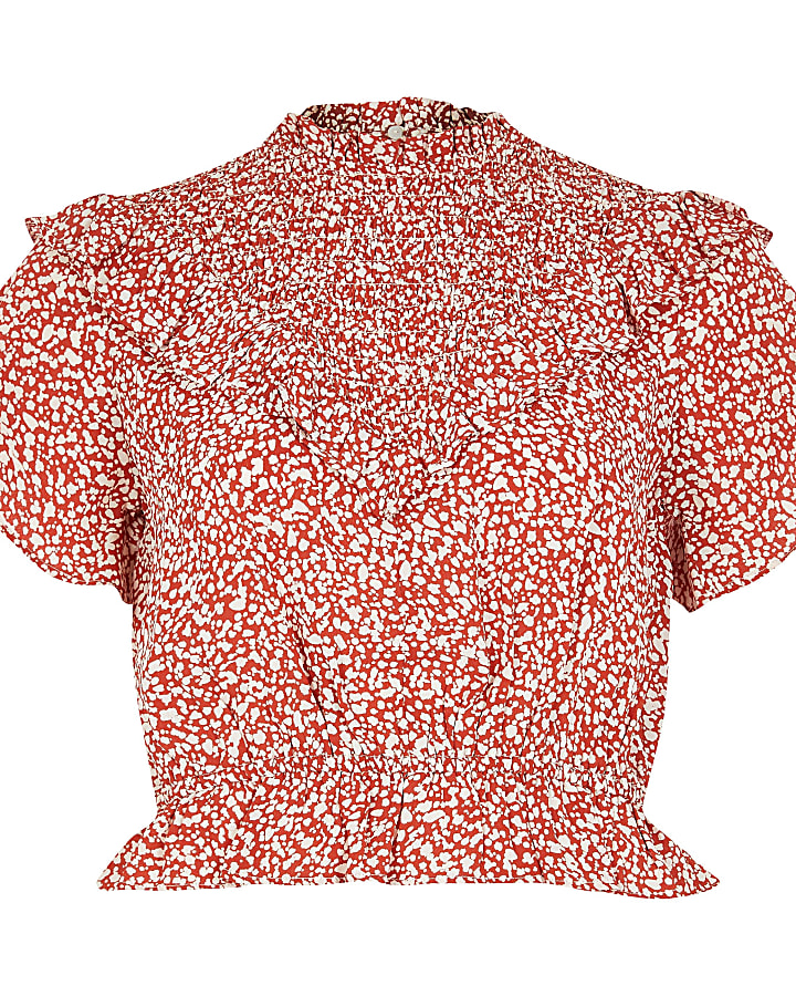 Petite red floral print ruffle top