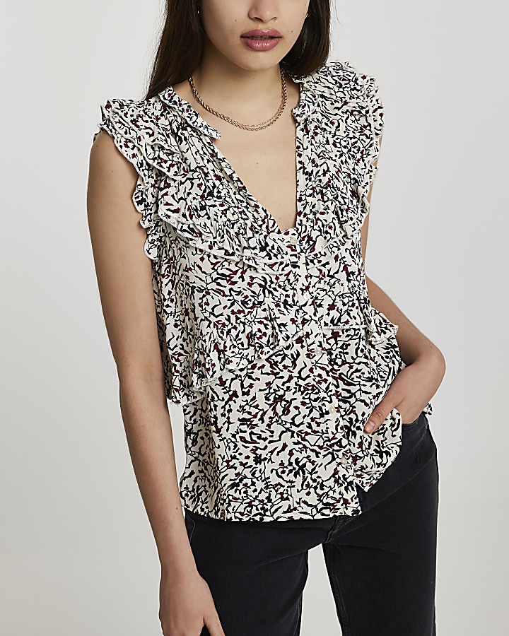 Black floral printed frill front blouse