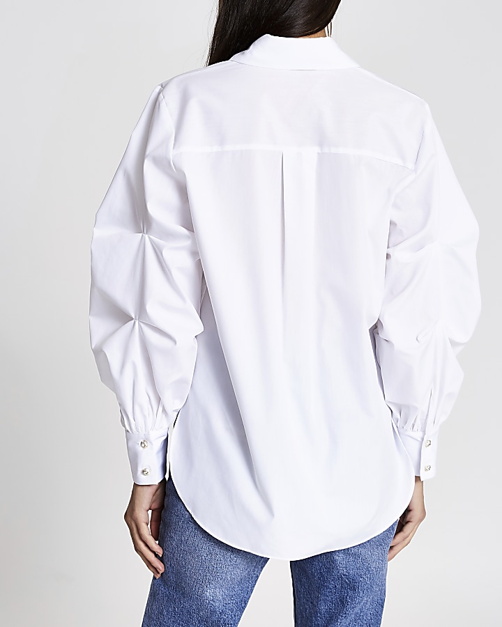 White long ruched sleeve shirt