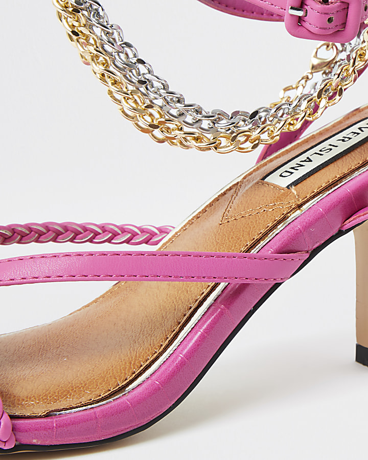 Pink faux leather chain mid heel sandal