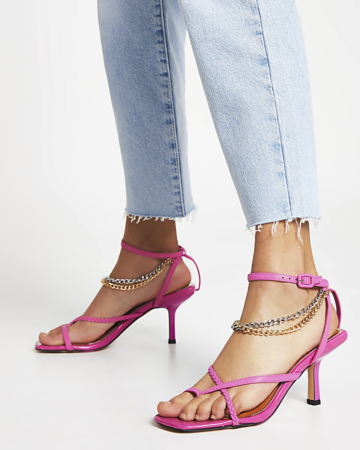 Pink faux leather chain mid heel sandal