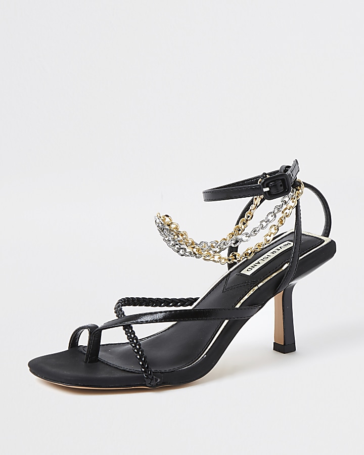 Black faux leather chain mid heel sandal