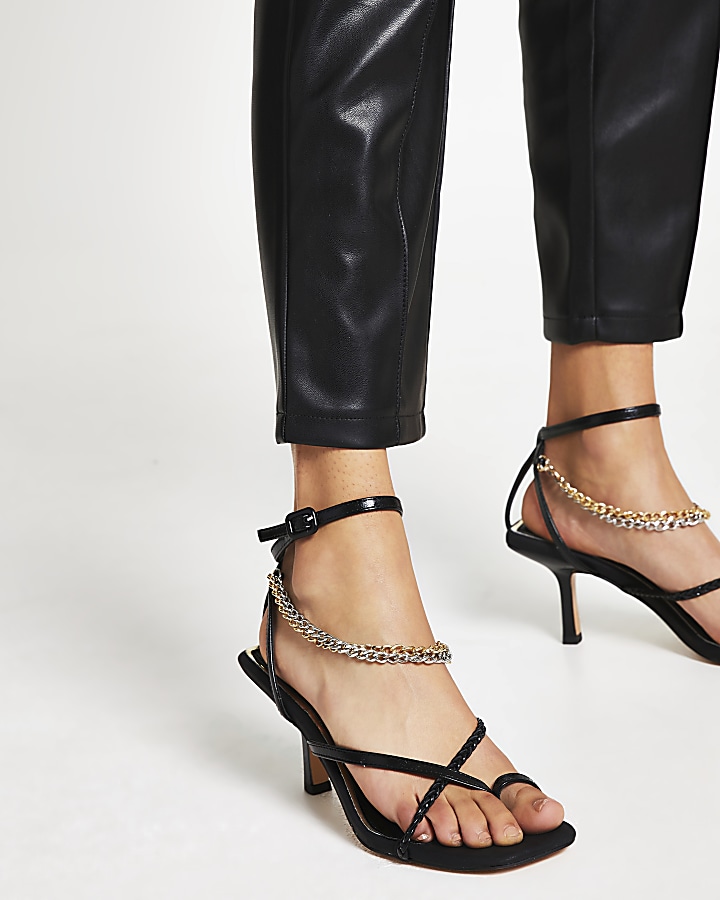 Black faux leather chain mid heel sandal