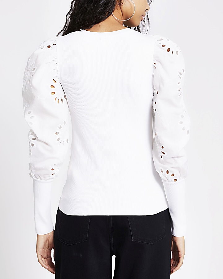 White broderie puff sleeve ribbed top