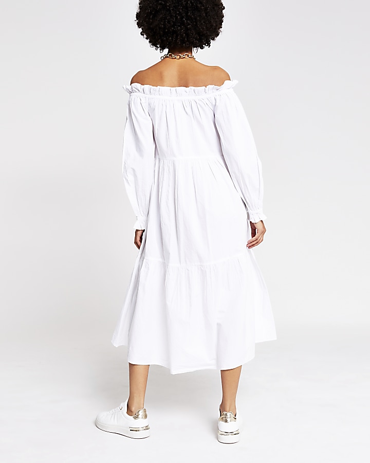 White bardot maxi puff dress