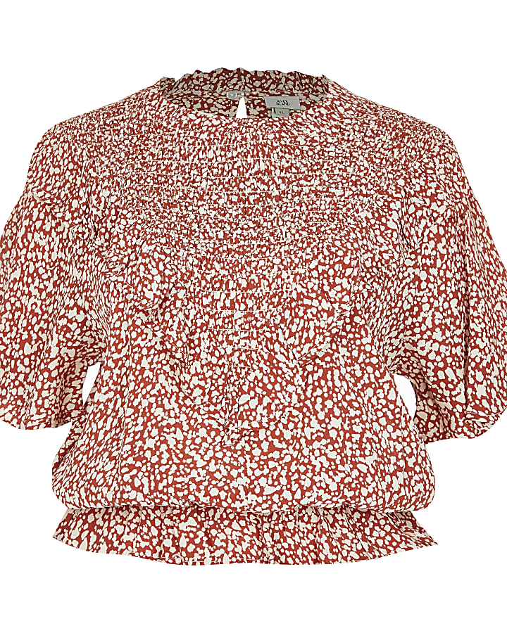 Red floral print ruffle blouse top