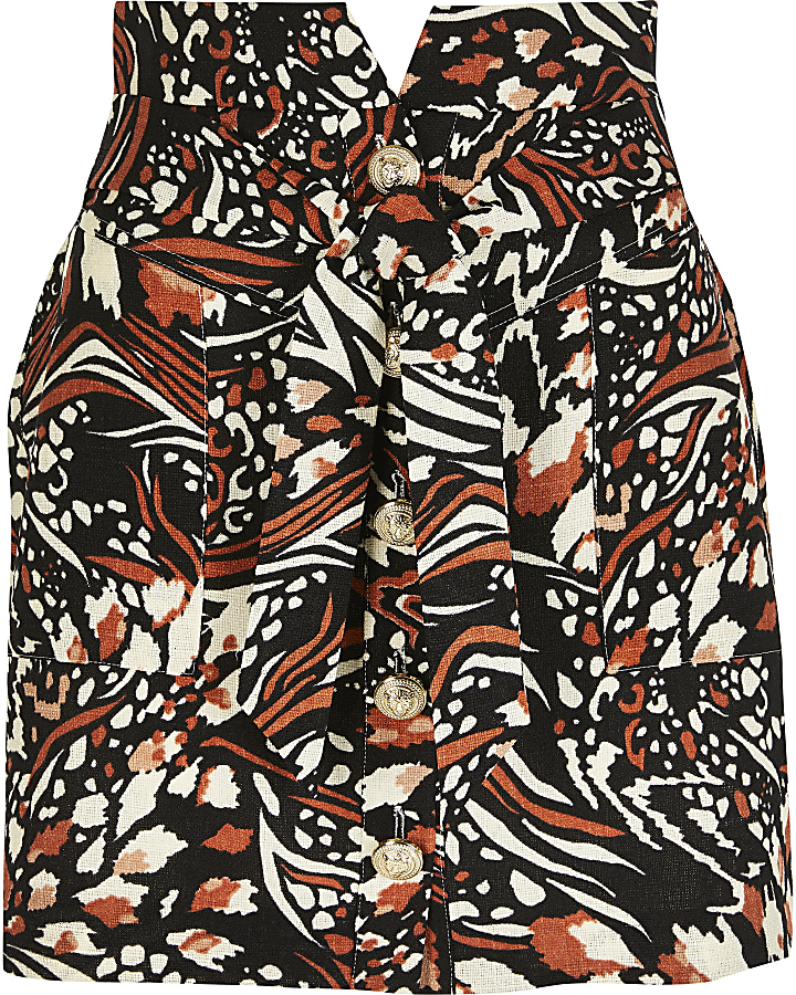 Brown printed button front belted mini skirt