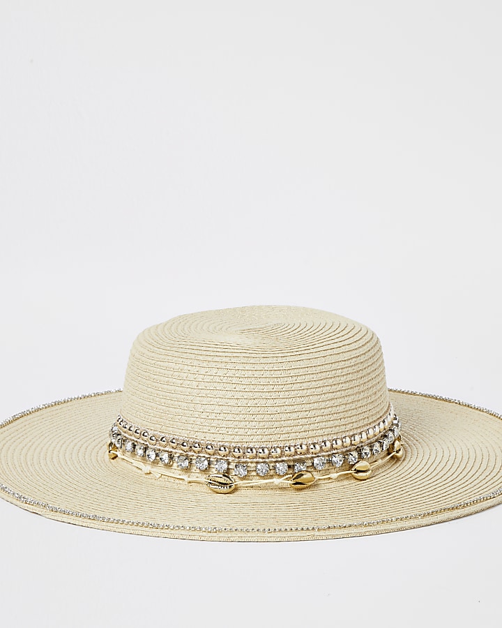 Beige shell and diamond embellished straw hat