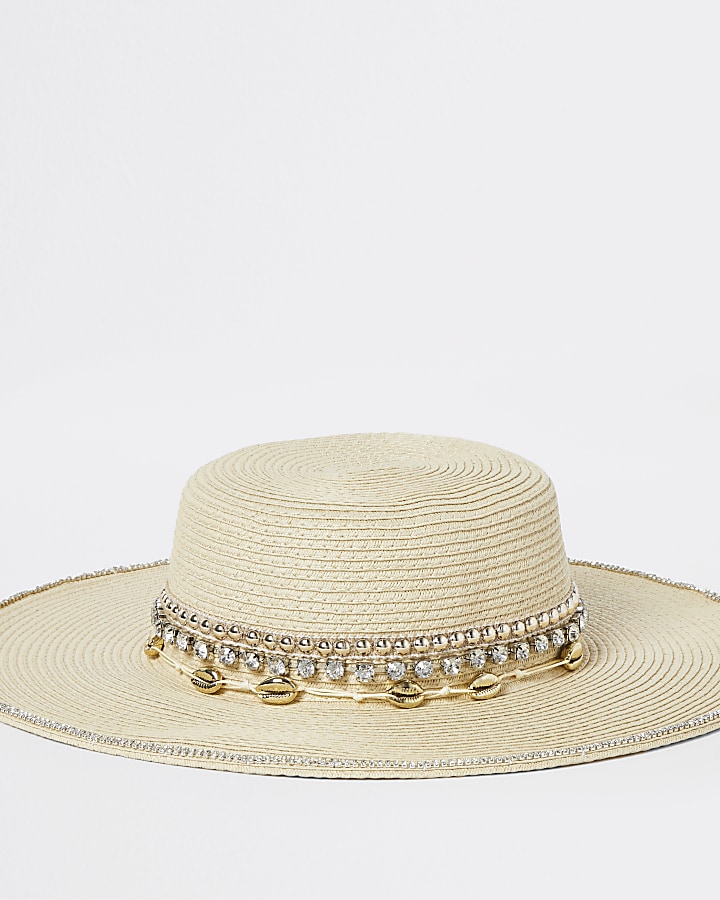Beige shell and diamond embellished straw hat