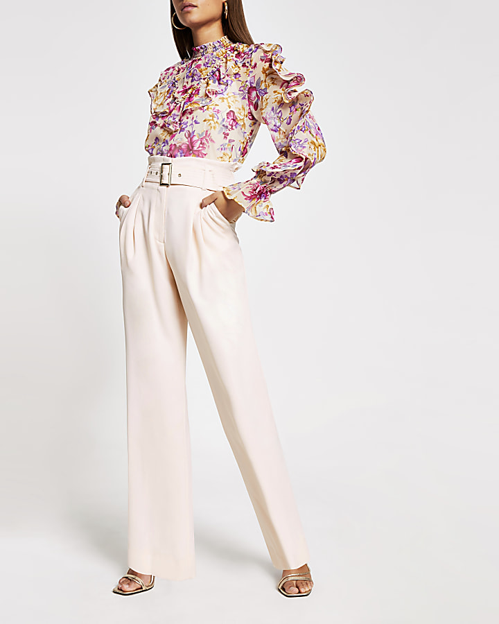 Petite pink belted wide leg trousers