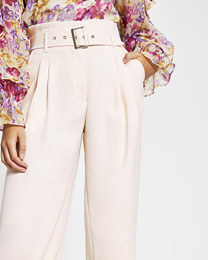 Petite pink belted wide leg trousers