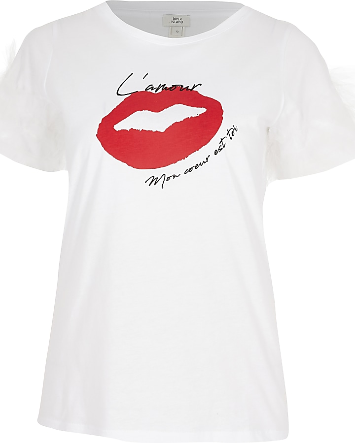 White 'L'amour' printed mesh frill T-shirt