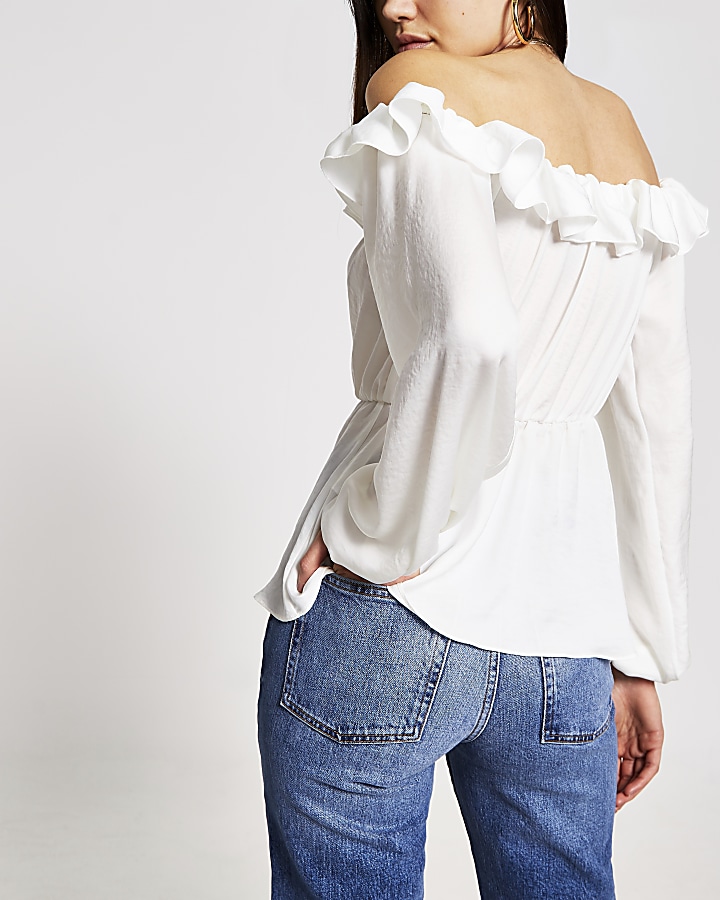 White frill bardot long sleeve blouse