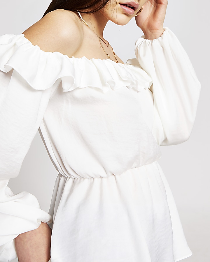 White frill bardot long sleeve blouse