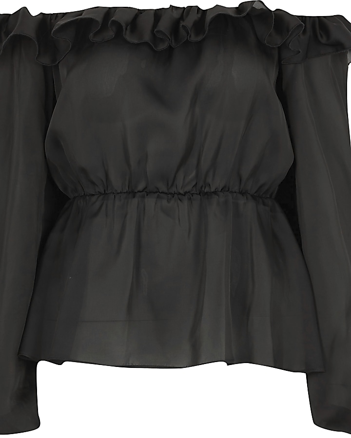 Black frill bardot long sleeve blouse