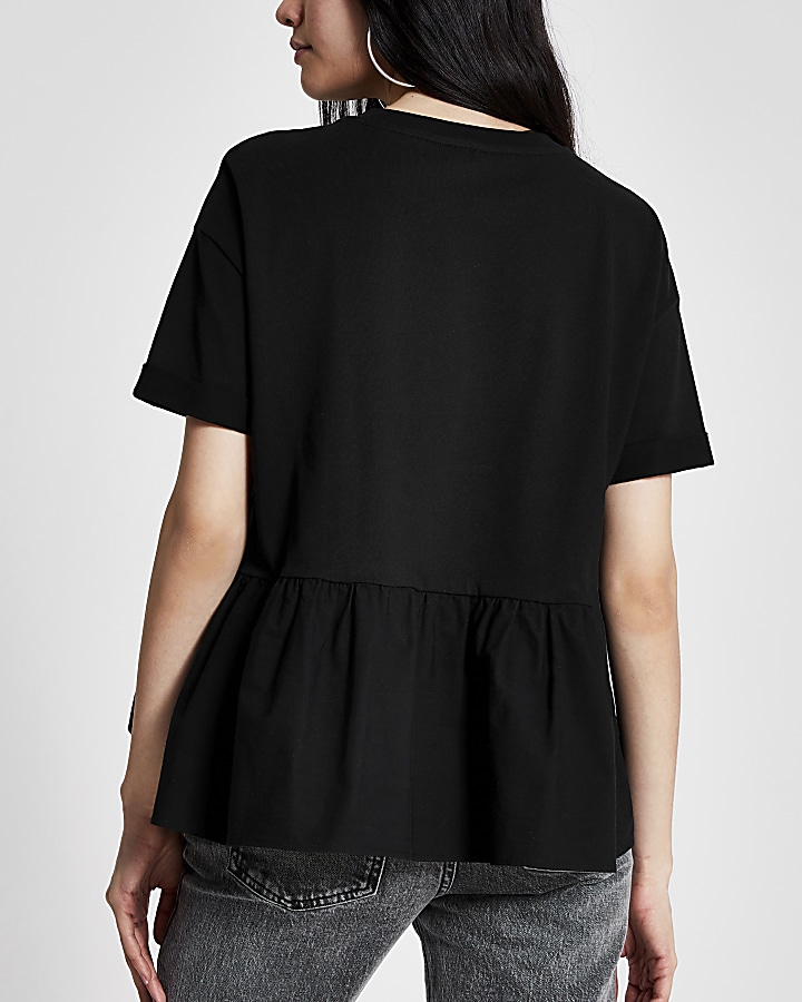 Black 'Mon Amour' short sleeve peplum T-shirt