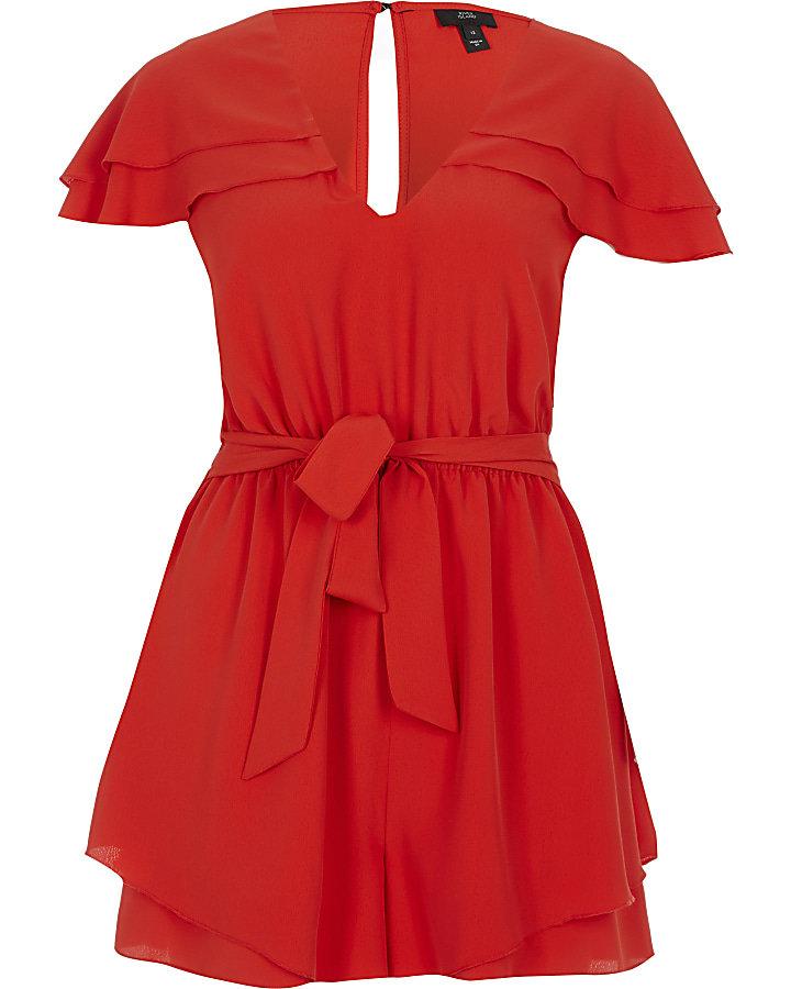 Red fill sleeve tie belted playsuit