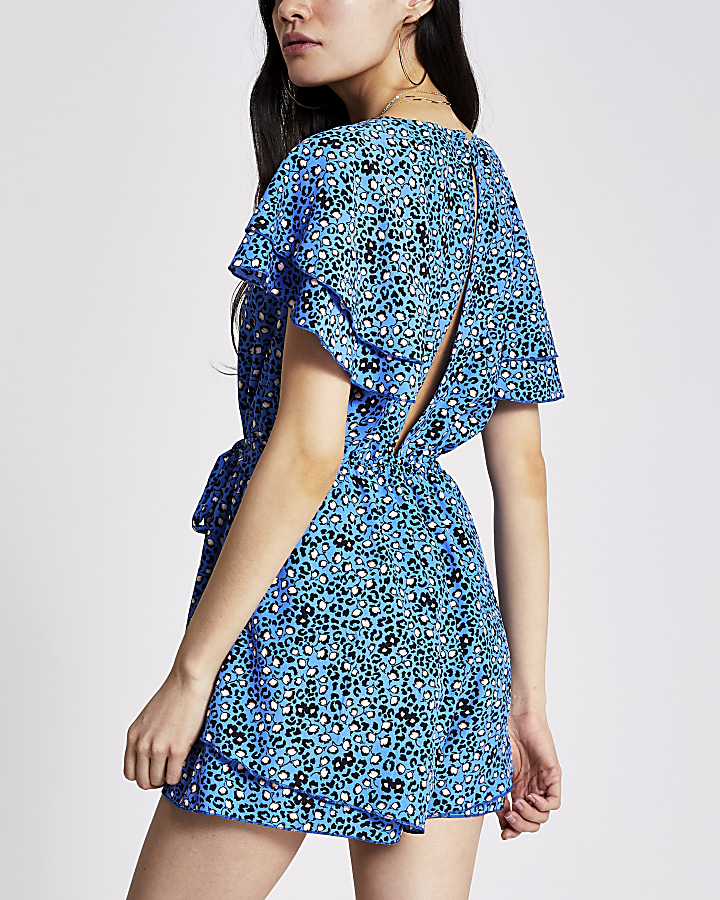 Blue floral frill tie belted playsuit