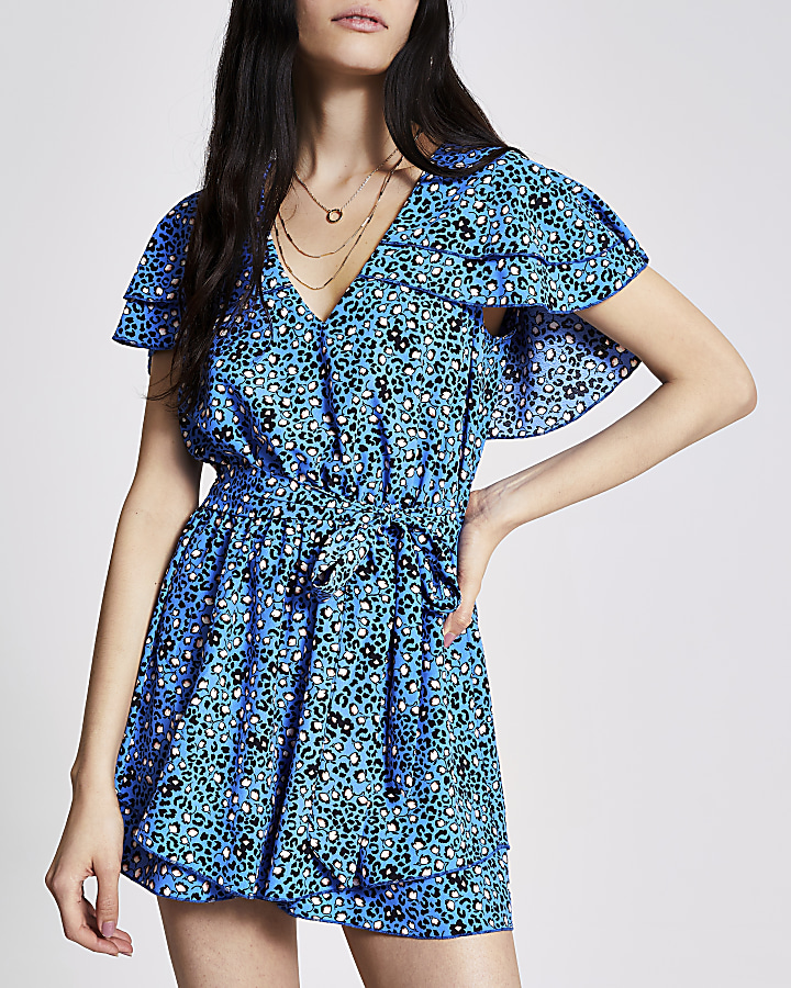 Blue floral frill tie belted playsuit