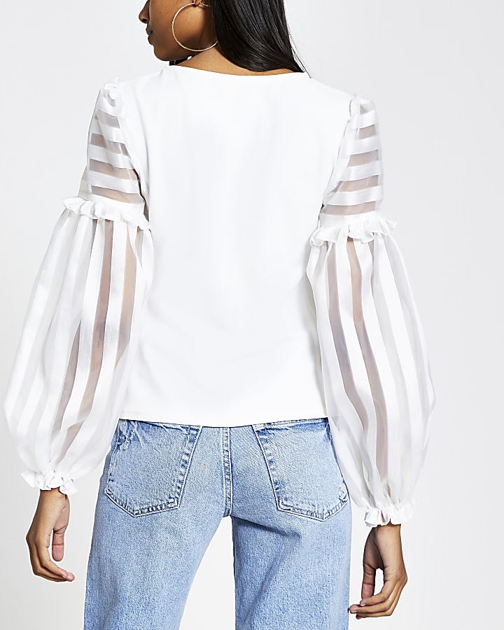 White organza stripe puff sleeve blouse