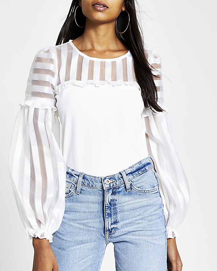 White organza stripe puff sleeve blouse